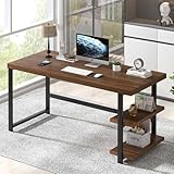 FOLUBAN Modern Computer Desk for Home Office, Large Writing Table with Storage Shelves, Wood and Metal Study Gaming Desk Workstation for Living Room, Rustic Walnut, 60 Inch