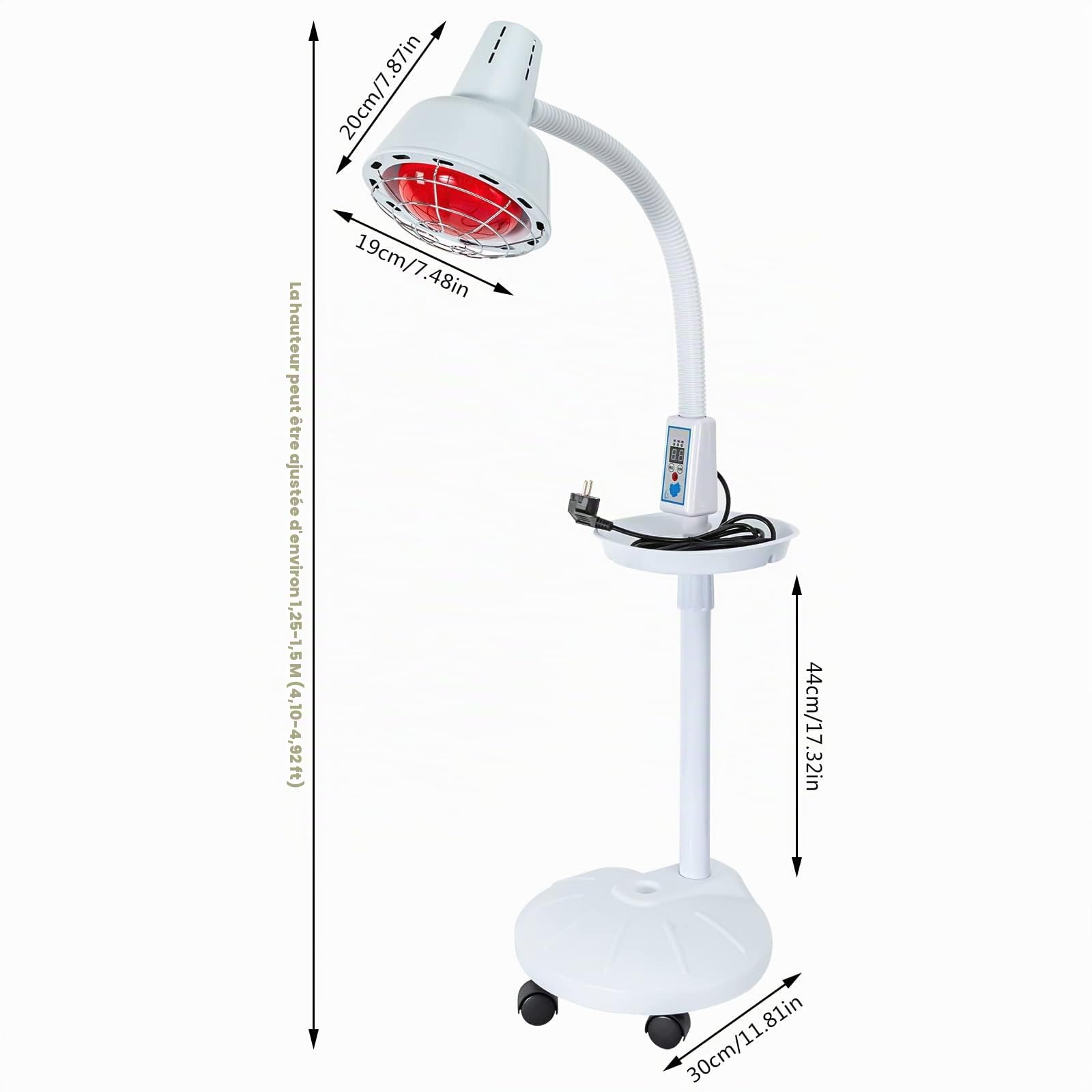 Lampe infrarouge 275 W - Lampe chauffante avec minuterie et 5 roues universelles - Rotation à 360° - Lampe thérapeutique - Lumière rouge - 8-70 °C - Température réglable pour le dos, les