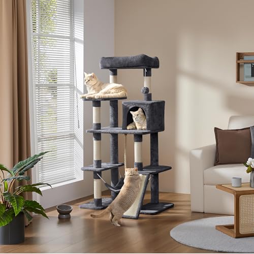 Image of Yaheetech 54in Cat Tree Tower for Large Cats, Multi-Level Condo & Hammock | Sisal scratching posts, roomy condo holds up to 22 lb, a wide 21-inch top perch fit large cats, dark gray