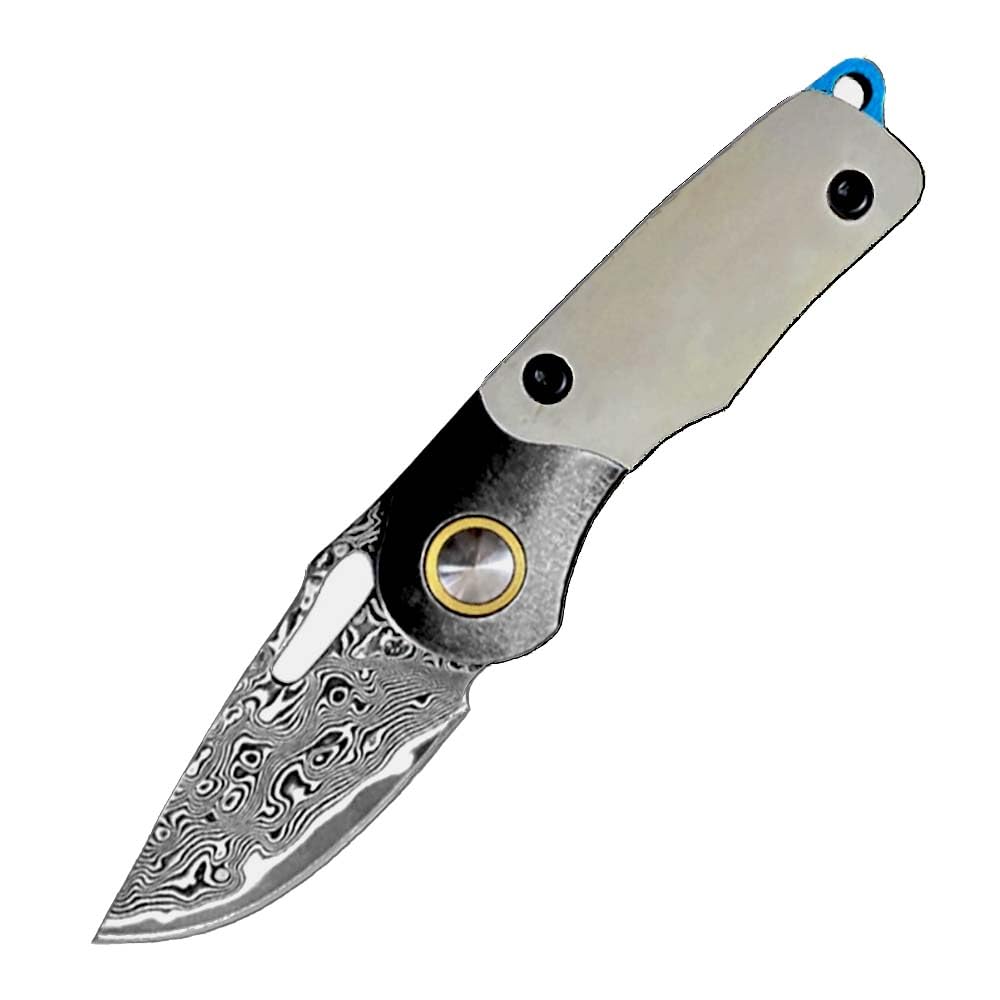 Klappmesser 3.7" Klein Damast Taschenmesser aus Rinderknochen Damaszener Damaststahl, edc messer outdoor scharfe einhandmesser, Damaskus Geschmiedet Stahl Messer Survival Jagdmesser, mini neck knife