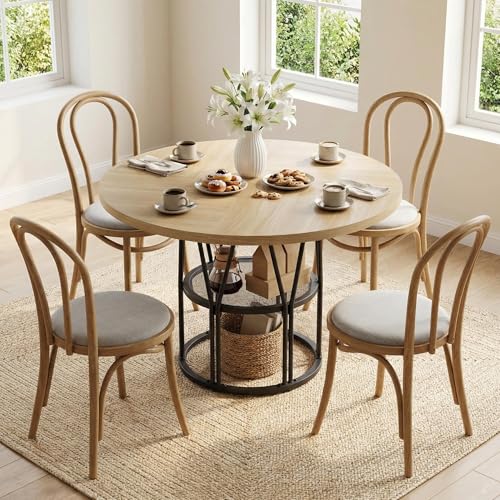 Crevyteg 47 Round Dining Table for 4-6 Wooden Kitchen Table with Storage Shelf & Metal Base Modern Dinner Table Breakfast Table for Living Room No Chair Oak