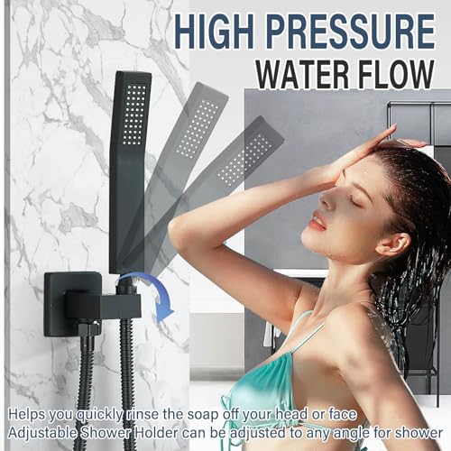 12 inches LED Rainfall Shower Head with Brass Handheld Rain Shower System Shower Faucets Sets Complete or Bathroom Rough-in Valve Body and Trim Included Matte Black