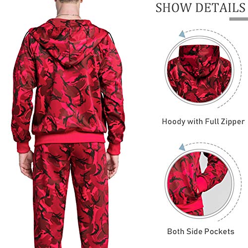 Men Tracksuit Set Camouflage Sweatshirt Jogger Sweatpants Solid Patchwork Warm Sports Suit, Camo Red-S #TOP3