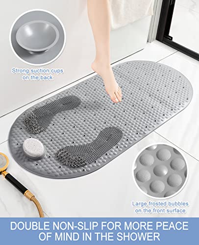 Bligli 32"X16" Foot Scrubber Shower Mat With Pumice Feet Scrub Stone, Oval Bathtub Mat With Antislip Suction Cups And Drain Holes, Non Slip Bath Floor Mats For Feet Massage (Grey) #TOP4