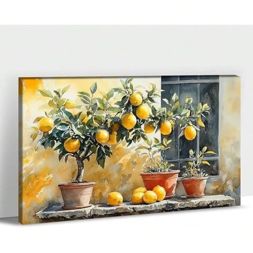 Toile murale citronnier 80x120 cm - Peinture à l'huile abstraite de nature morte avec cadre
