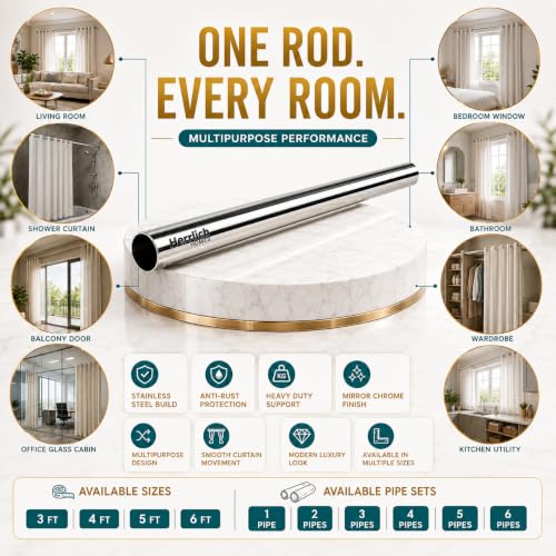 Image of Herrlich Homes Stainless Steel Curtain Rod | Silver & Chrome Finish | Anti-Rust | Sturdy & Durable | Multipurpose | SS Pipes for Door, Window, Shower, Home and Office | 72 Inches | 6 feet, 3 Pipes