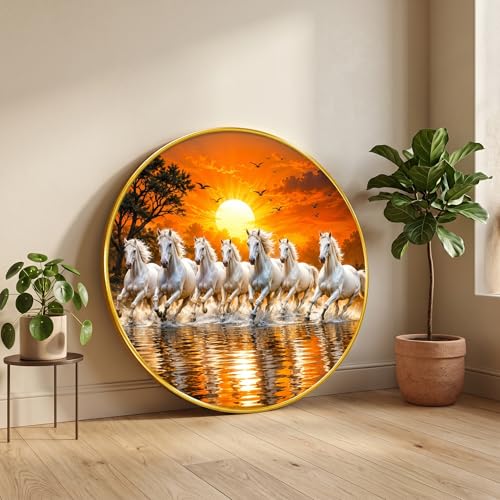 Image of SAF 7 Horse Vastu Round Wall Painting with Premium PVC Golden Frame, White Running Horses Sunset Water Art for Living Room Office Home Decor Gift (23 x 23 Inch) GR-449