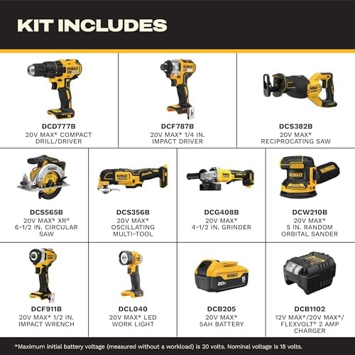 DEWALT 20V MAX 5Ah, Brushless 9 Power Tools with Battery, Charger, Drill, Impact Driver, Reciprocating Saw, Circular Saw, Oscillating Tool, Grinder, Orbit Sander, Impact Wrench, Flashlight (DCK921P1)