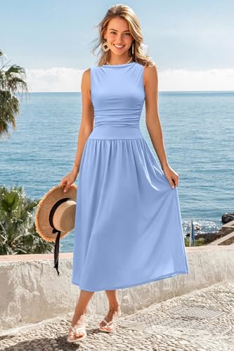 Image of Womens Summer Casual Midi Maxi Dress 2026 Sleeveless Ruched A Line Flowy Cocktail Wedding Guest Beach Long Sundress