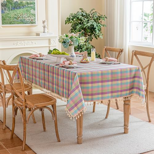 JIALE Easter Gingham Tablecloth Cotton Linen Fabric Colorful Checkered Table Cloth with Tassel, Washable Wrinkle Free Buffalo Plaid Table Cover for Spring Summer Dining Party, Multi Purple, 55X75'' by JIALE - Image 5