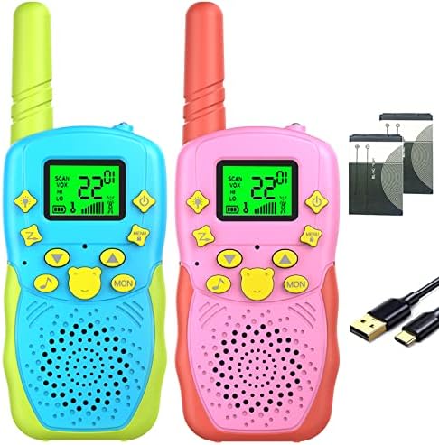 POKPOW Rechargeable Walkie Talkies for Kids 22 Channels 2 Way Radio Toy with 2×1200mAh Lithium Battery Backlit LCD Flashlight 3 KM Long Range for Boys Girls Birthday