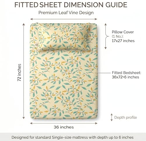 Image of BSB HOME 220 TC Cotton Fitted Single Bedsheet with 1 Pillow Cover, Soft Breathable, Elastic Fit, Fade Resistant, Easy Care - 36 x 72 + 6 Inches (Spring Leaf Multi)