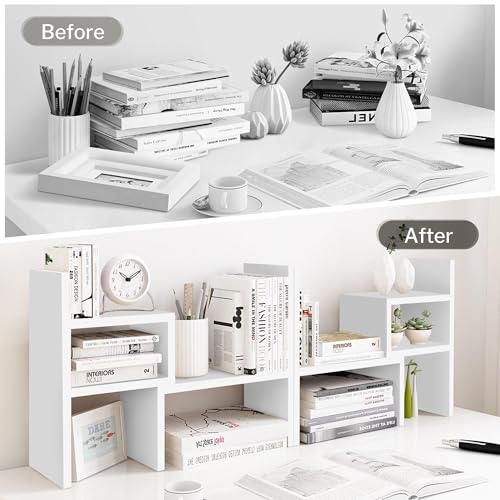 Image of Jerry & Maggie - Desktop Organizer Office Storage Rack Adjustable Wood Display Shelf | Birthday Gifts - Toy - Home Decor | - Free Style Rotation Display - True Natural Stand Shelf (White)