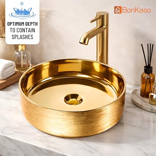 Image of BONKASO Golden Luxury Round Table Top Wash Basin (41.5 x 41.5 x 12.5 cm) | Designer Ceramic Countertop Bathroom Sink | Premium Vanity Bowl Art Basin 1013