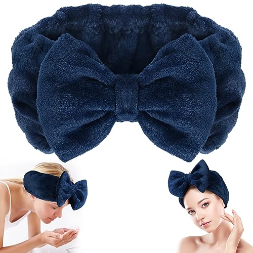 Shintop Face Wash Headband, Soft Spa Headband Carol Fleece Makeup Headwear with Cute Bow Elastic Hairband for Skincare Facial Mask Showersï¼ˆNavy blueï¼‰