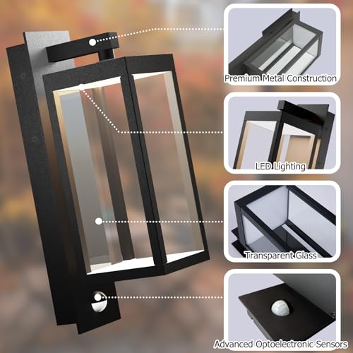 Image of Outdoor Light Wall Sconce Motion Sensor Porch Light for House,15 inch LED Modern Exterior Lighting Fixture Black,Waterproof Outside Lantern with Clear Glass for Garage Patio Garden