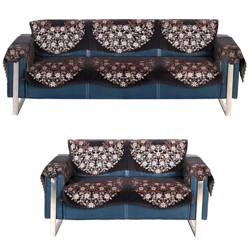 Image of Premium Chenille Woven Anti-Slip 3 Seater + 2 Seater Sofa Cover with Arm Rest | L-Shape Sofa Seat Protector for Living Room | Durable & Stylish Slipcover - Brown Phoolkari