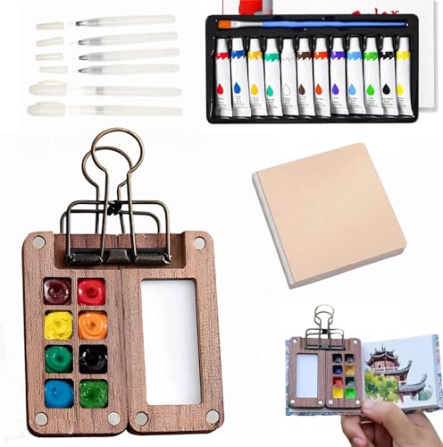 Mini Watercolor Paint set, Tobios Mini Watercolor Paint Set, 12 Color Pocket Artist Watercolor Travel Set with Picture Book, 8 Grids Portable Wooden Paint Palette for Painters, Artists, and Students