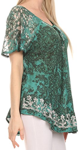 Image of Sakkas Ash Speckled Tiedye Embroidered Cap Sleeve Blouse Top with Embroidery Hems