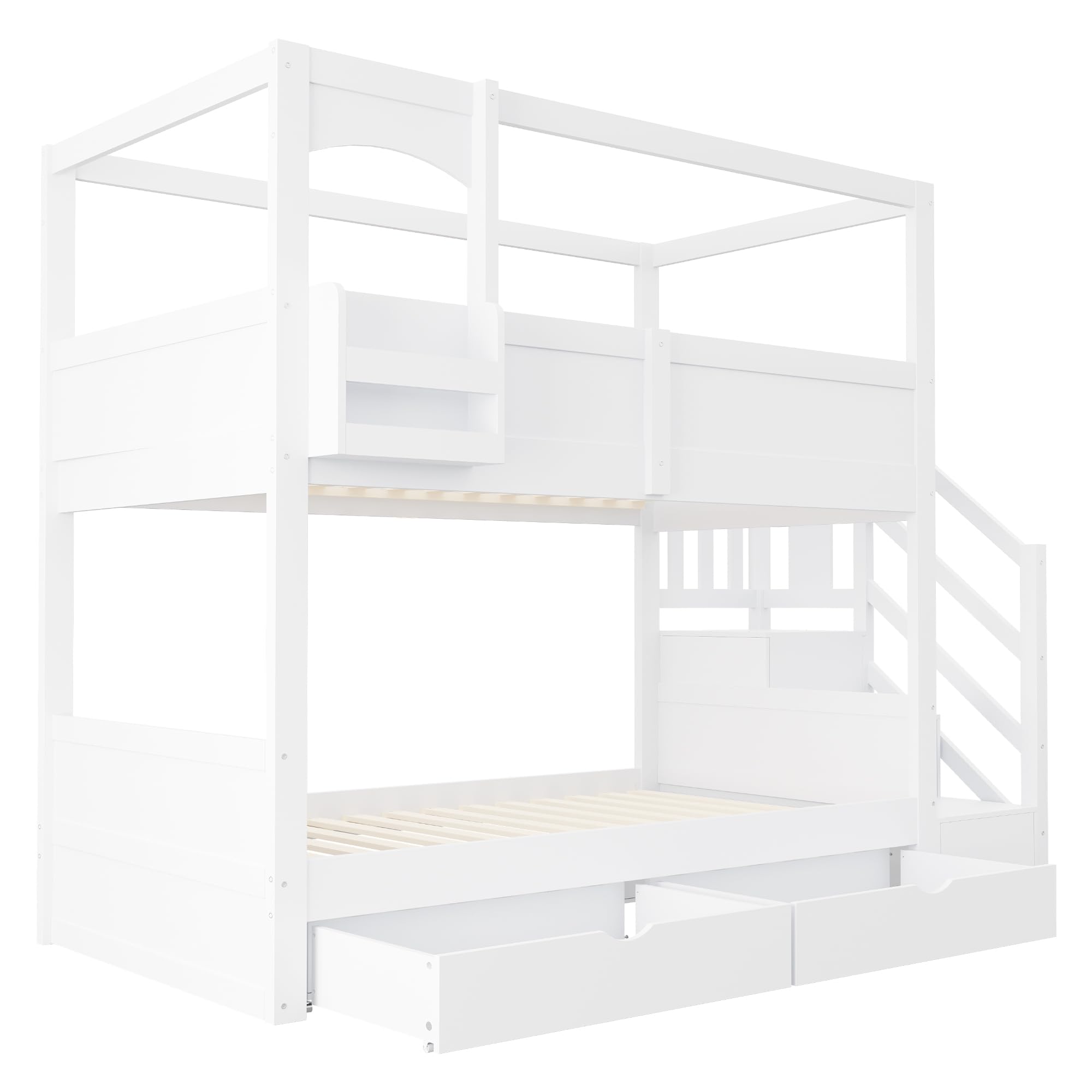 Letto a castello per bambini, 90 x 200 cm, telaio in stile cotta, bianco | Con ripiani flessibili e una lavagna creativa, con scala e cassetti, letto matrimoniale per ragazzi e ragazze