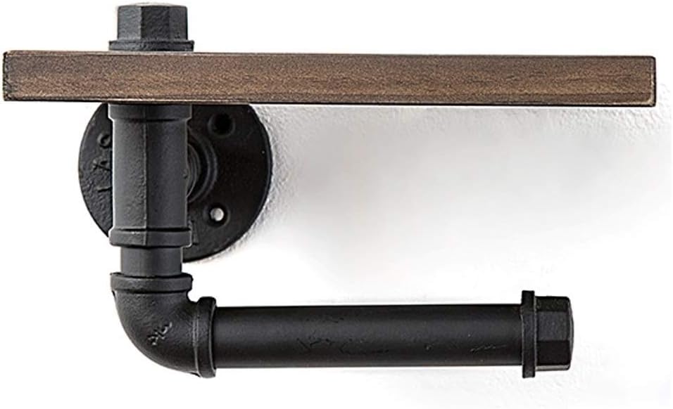 Industrial Pipe Toilet Paper Holder with Wooden Shelf for Bathroom Washroom Wall Mounted Kit Commercial Metal Rustic