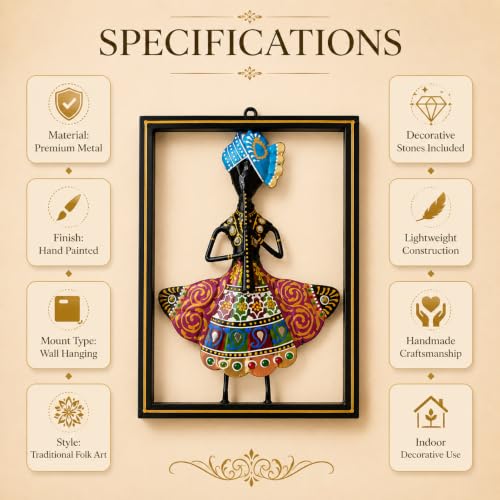 Image of iHandikart Folk Dancer Metal Wall Art for Home Decor, Iron Wall Sculpture with Hand-Painted Traditional Indian Folk Design, Decorative Wall Hanging for Living Room, Bedroom & Office (10.5 x 8 Inch)