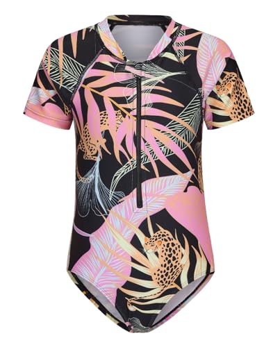 Girls One Piece Swimsuits Short Sleeve Rash Guard for Girl Hawaiian Bathing Suit with Sun Protection Beachwear