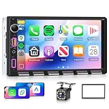 Double Din Car Stereo with Wireless Carplay and Android Auto, 7 Inch Piano Keys Touch Screen CarRadio with Bluetooth, FM Radio, EQ, Online Video, Mirror Link, USB/AUX/Type-C, SWC+ Backup Camera