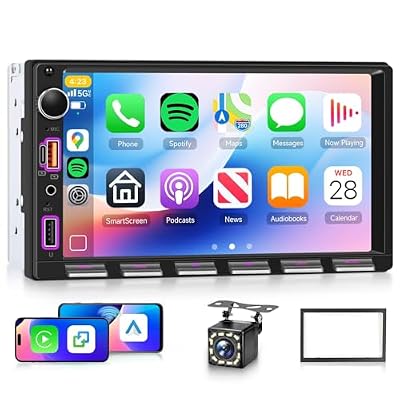 Double Din Car Stereo with Wireless Carplay and Android Auto, 7 Inch Piano Keys Touch Screen CarRadio with Bluetooth, FM Radio, EQ, Online Video, Mirror Link, USB/AUX/Type-C, SWC+ Backup Camera