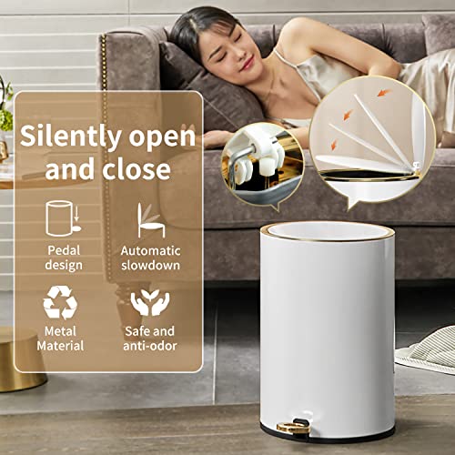 Trash Can With Lid, 8L/2Gallon Bathroom Garbage Can With Foot Pedal, Stainless Steel Step Trash Bin For Bedroom, Toilet, Kitchen, Round Waste Basket With Soft Close Lid For Office, Metal Garbage Bin(White) #TOP1