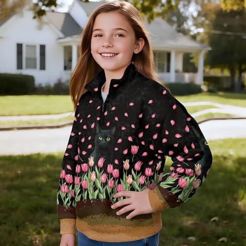 Image of AmzPrint Girls Graphic Quarter Zip Coat Long Sleeve Lightweight Oversized Athletic Running Hoodies For Kids Teen Girls