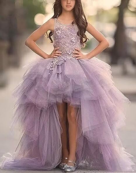 High Low Flower Girl Dresses for Wedding Tulle Princess Pageant Dress Lace Appliques Ball Gown Dress2