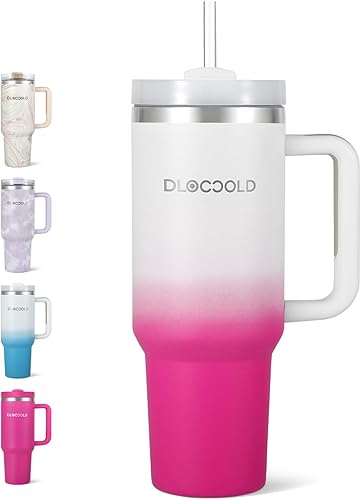DLOCCOLD Vaso de acero inoxidable de 40 onzas con asa, vaso aislado con tapa y pajita, soporte para taza de viaje, vaso grande reutilizable para