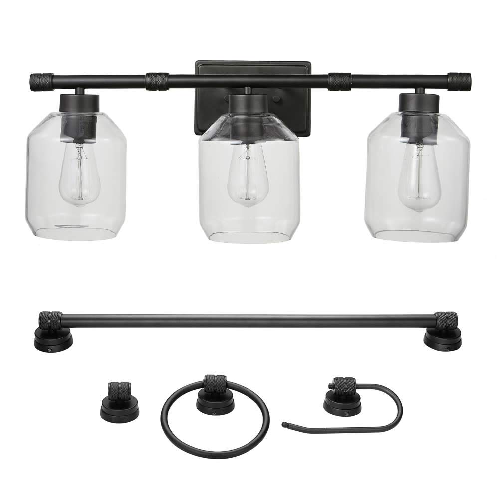 Globe Electric51527 Middleton 5-Piece All-in-One Bathroom Set, Dark Bronze, 3-Light Vanity Light with Clear Glass Shades, Towel Bar, Toilet Paper Holder, Towel Ring, Robe Hook