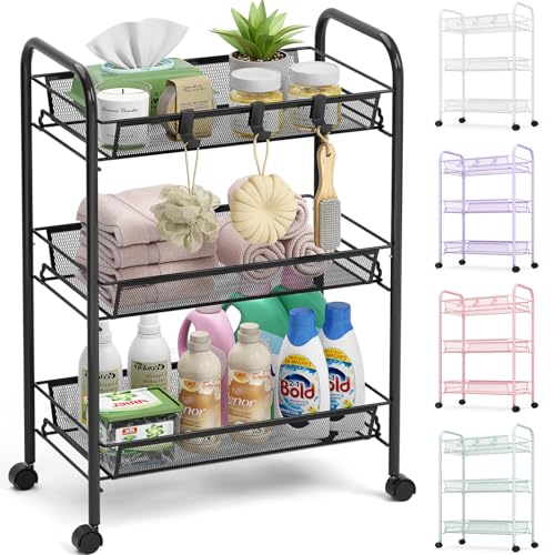 TOOLF 3-Tier Metal Rolling Cart, Mesh Wire Easy Assemble Utility Cart, Storage Trolley on Wheels with 3 Hooks, MetalStorage Shelving Units for Kitchen Bathroom Laundry Room