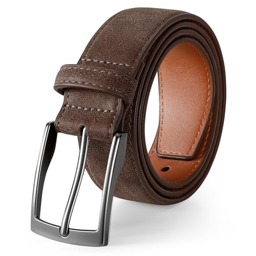 XZQTIVE Mens Suede Belt - 1 3/8 Genuine Leather Dress Belt for Jeans Dress Handmade Classic Every Day Belt Dark Coffee (Fit Pant 31-35)