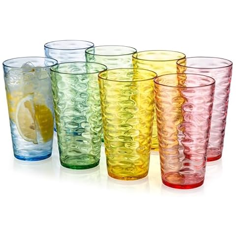 KX-WARE 22-Ounce Plastic Tumblers (Set of 8 Multicolor), Iceberg Drinking Glasses, High-Balls, Reusable Plastic Cups, Stackable, BPA-Free, Shatter Resistant, Dishwasher Safe Cover