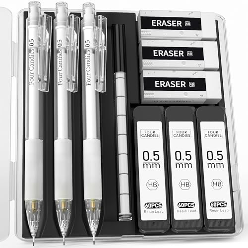 Four Candies Mechanical Pencil Set with Case 3PCS 0.5mm Clear Mechanical Pencils & 180PCS HB Lead Refills & 3PCS Erasers & 9PCS Eraser Refills, White Mechanical Pencil for Students Drawing, Writing