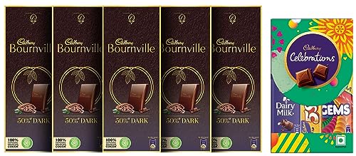 Image of Cadbury Celebrations Assorted Chocolate Gift Pack, 62.2 g- Pack of 8 & Bournville Rich Cocoa Dark Chocolate Bar, 80 gm (Pack of 5)