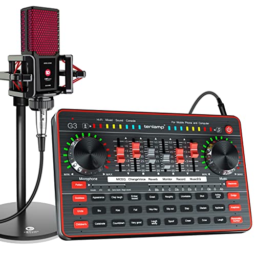 Mezclador de audio con tarjeta de sonido, paquete de diez lámparas portátil Podcast de 3.5 mm, interfaz de audio, conmutador de voz para grabación en streaming de PC en directo Cover