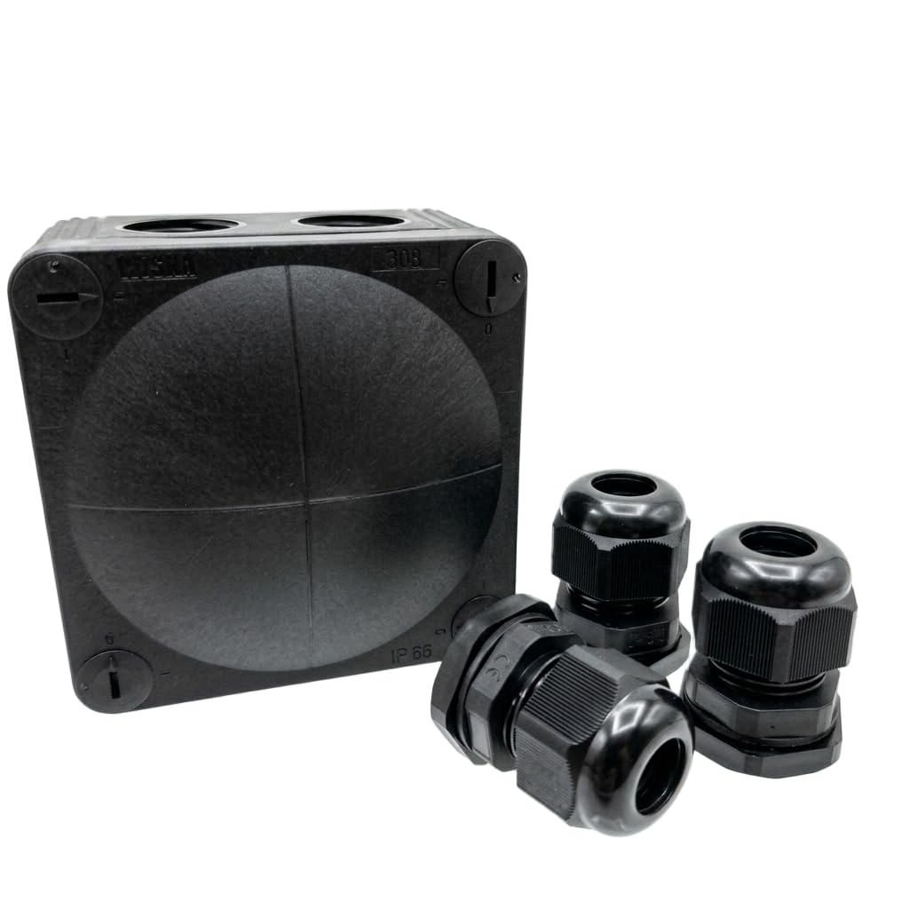 Wiska 308 Black Junction Box with 3 x 20mm M20 IP68 Cable Glands IP66 IP67 Outdoor Electrical Enclosure 85 x 85 x 51 mm