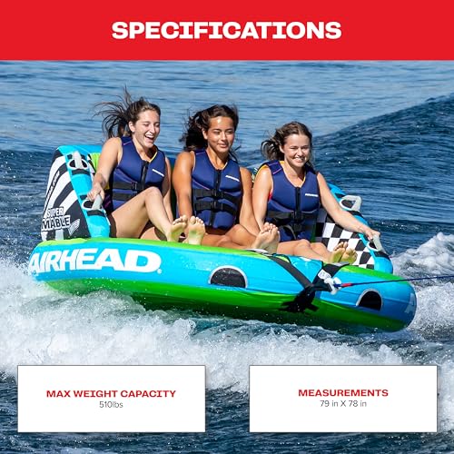Image of Airhead Mable Towable Tube for Boating, 1-4 Rider Inflatable Boat Tube for Water Tubing, Heavy Duty Full Nylon Cover, EVA Foam Pads, Dual Tow Point, Patented Speed Safety Valve