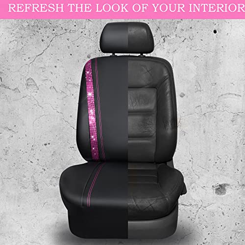 Car Pass Bling Car Seat Covers Full Set, Shining Rhinestone Diamond Waterproof Faux Leather, Rear With Zipper, Universal Fit 95% Automotive Glitter Crystal Sparkle Strips For Women Girl, Black Pink #TOP6