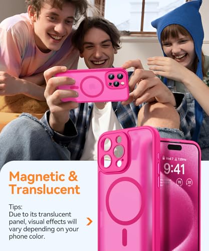 Image of CANSHN Magnetic Compatible with iPhone 15 Pro Case, Upgraded [Full Camera Protection] [Compatible with Magsafe] [Translucent Matte] Shockproof Protective Phone Case Cover 6.1 Inch - Hot Pink