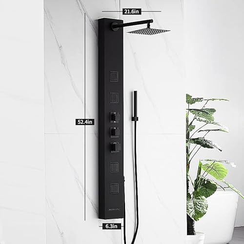 Achelous Square Rainfall Shower Head Panel System With Thermostatic,Stainless Steel High Pressure Turbo Body Jets Waterfall Shower Tower,Brass Handheld Wand In Matte Black #TOP1