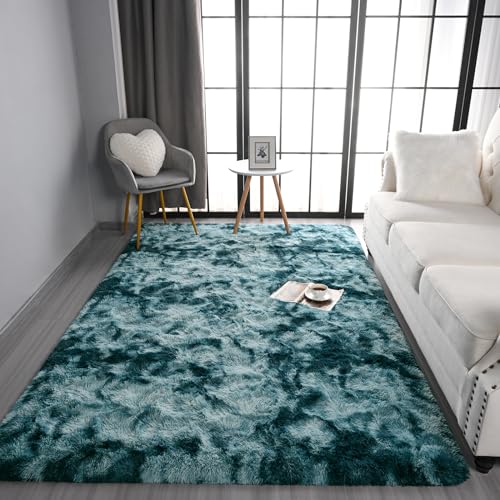 Pettop Fluffy Tie-Dye Peacock Blue Carpet for Bedroom Living Room, 4x6 Feet Rectangle Large Plush Fuzzy Non-Slip Washable Rug for Nursery Classroom Decor