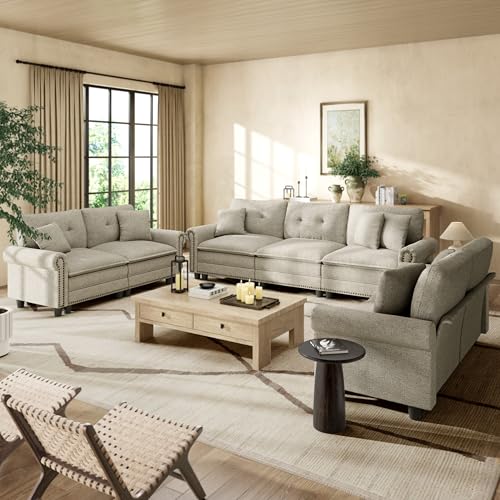 Image of HERA'S HOUSE Modular Sectional Sofa and Loveseat Set Living Room 3-Piece | Mid-Century Modern 7-Seater Cloud Sofa Set, Light Grey, Rolled Arms & Nailhead Trim, Wider Seats, Soft Linen Furniture Set