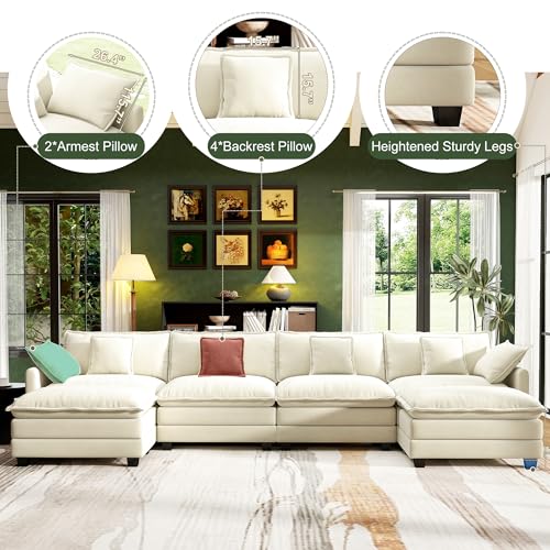 Image of 146 inch Cloud Couch Sectional Modular Sofa, Deep Seat Couches with Ottoman and Removable Washable Pillows for Living Room, Bedroom, Apartment, Beige