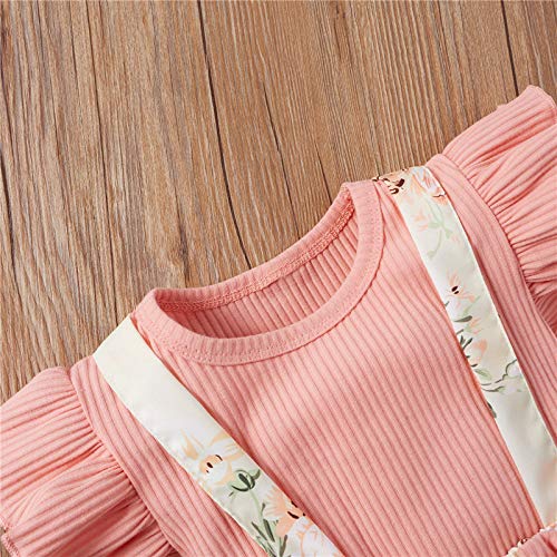 Newborn Baby Girls Short Sleeve Ribbed Ruffle T-Shirt and Floral Suspender Shorts Outfit with Headband - Image 4