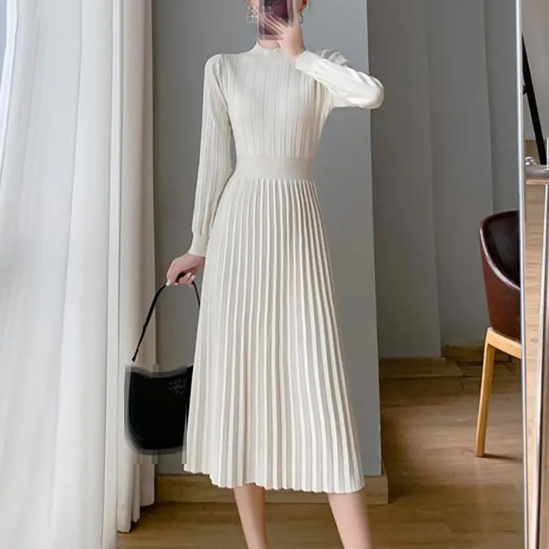 Vestido de punto de manga larga y cintura alta para mujer, vestido midi plisado para otoño e invierno